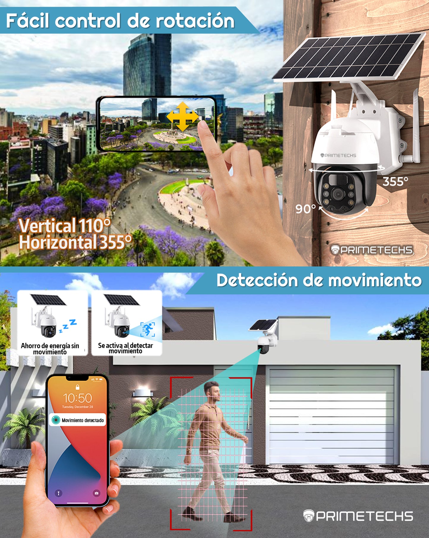 Cámara Solar IP, PT y 4G 4 MP, WiFi, detección y grabación por movimiento, batería de respaldo, alarma, Infrarrojo y full color, Ext, Mov horizontal 355 y vertical 110 grados