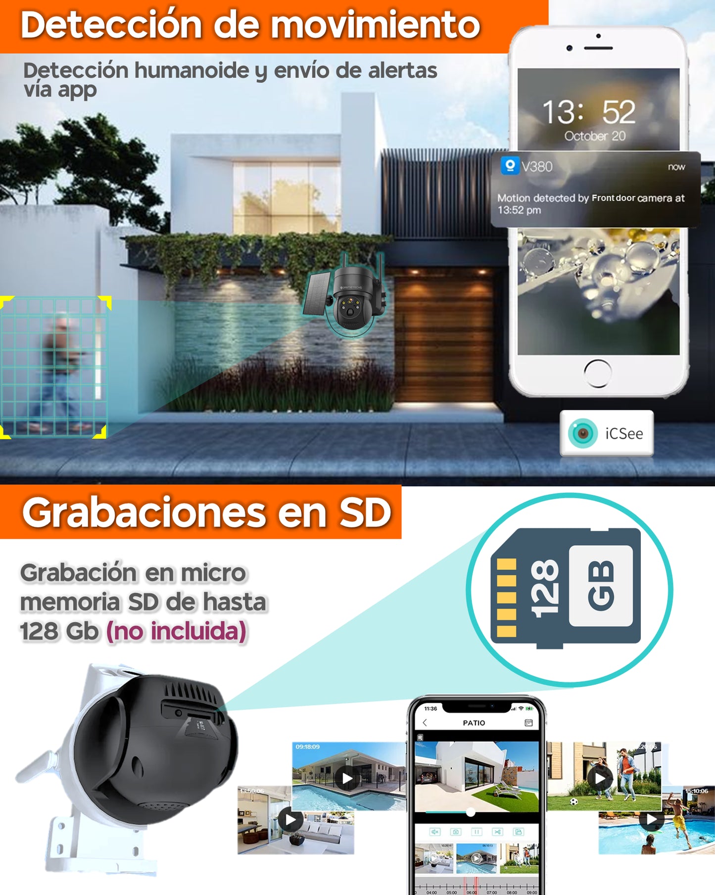 Cámara Solar Autónoma, IP PT 5MP, WiFi y solar, detección y grabación por movimiento, batería de respaldo, alarma, Infrarrojo y Fullcolor