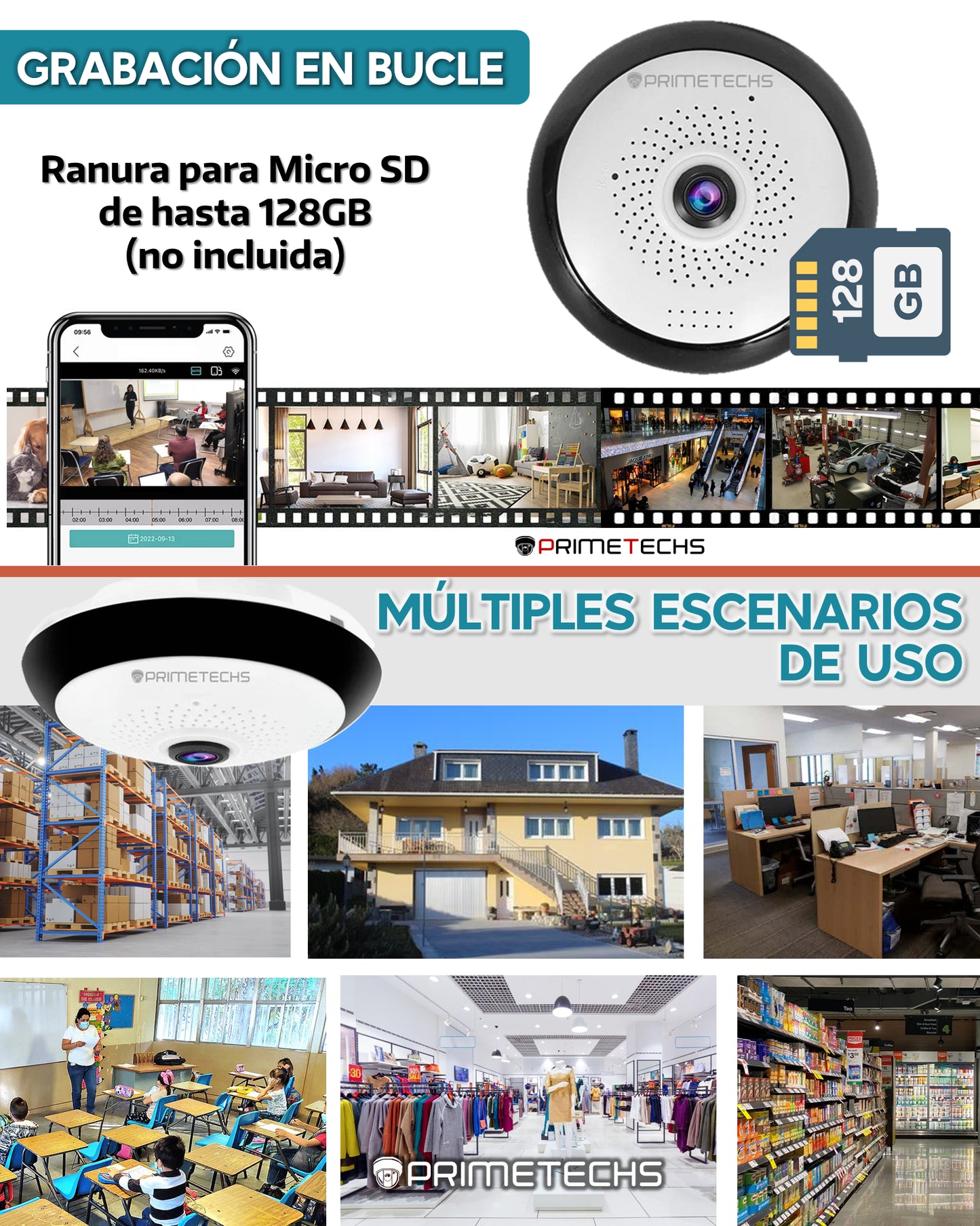 Cámara Fisheye IP WIFI 360°, APP móvil, Detección de movimiento, Audio bidireccional