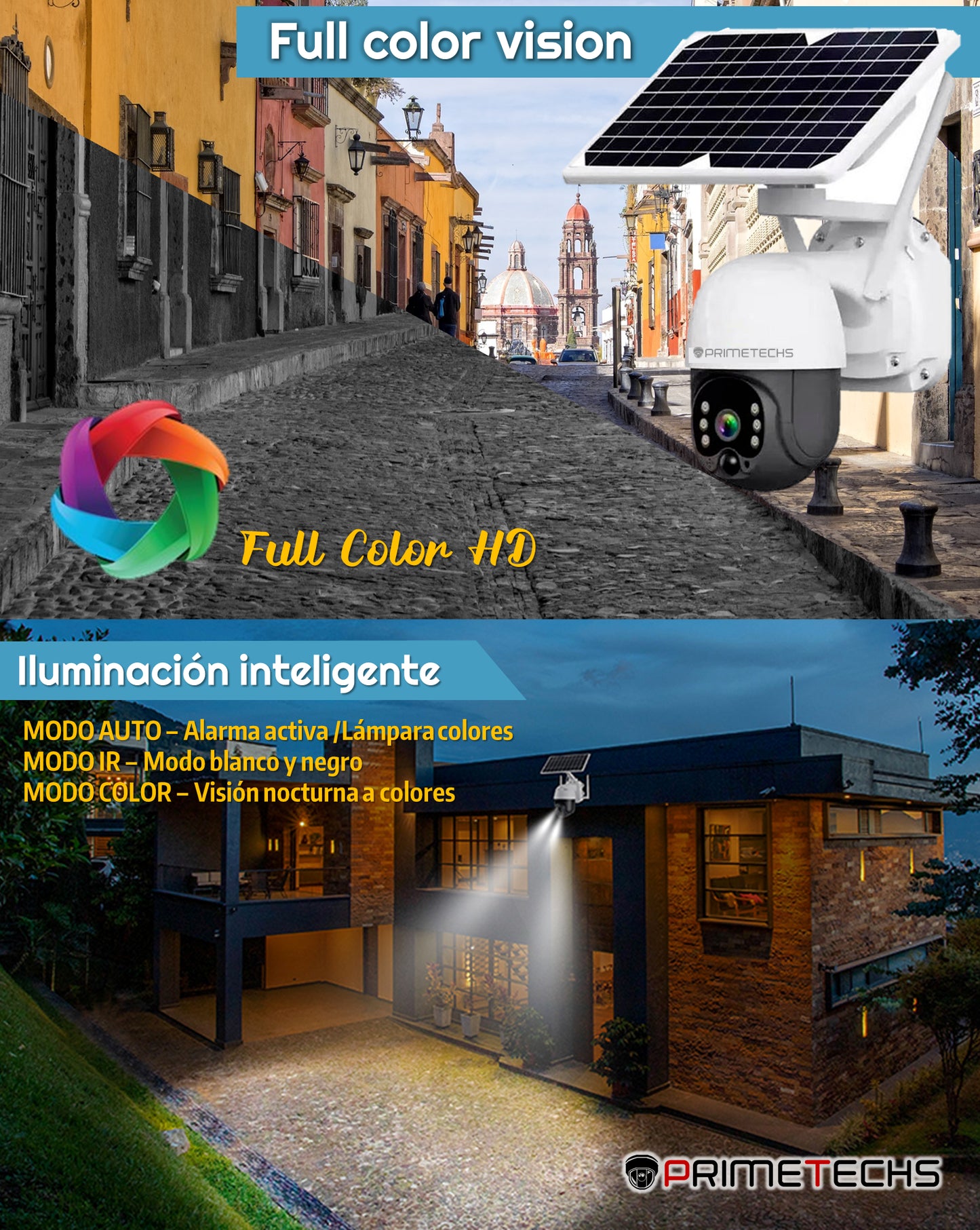 Cámara Solar IP, PT y 4G 4 MP, WiFi, detección y grabación por movimiento, batería de respaldo, alarma, Infrarrojo y full color, Ext, Mov horizontal 355 y vertical 110 grados