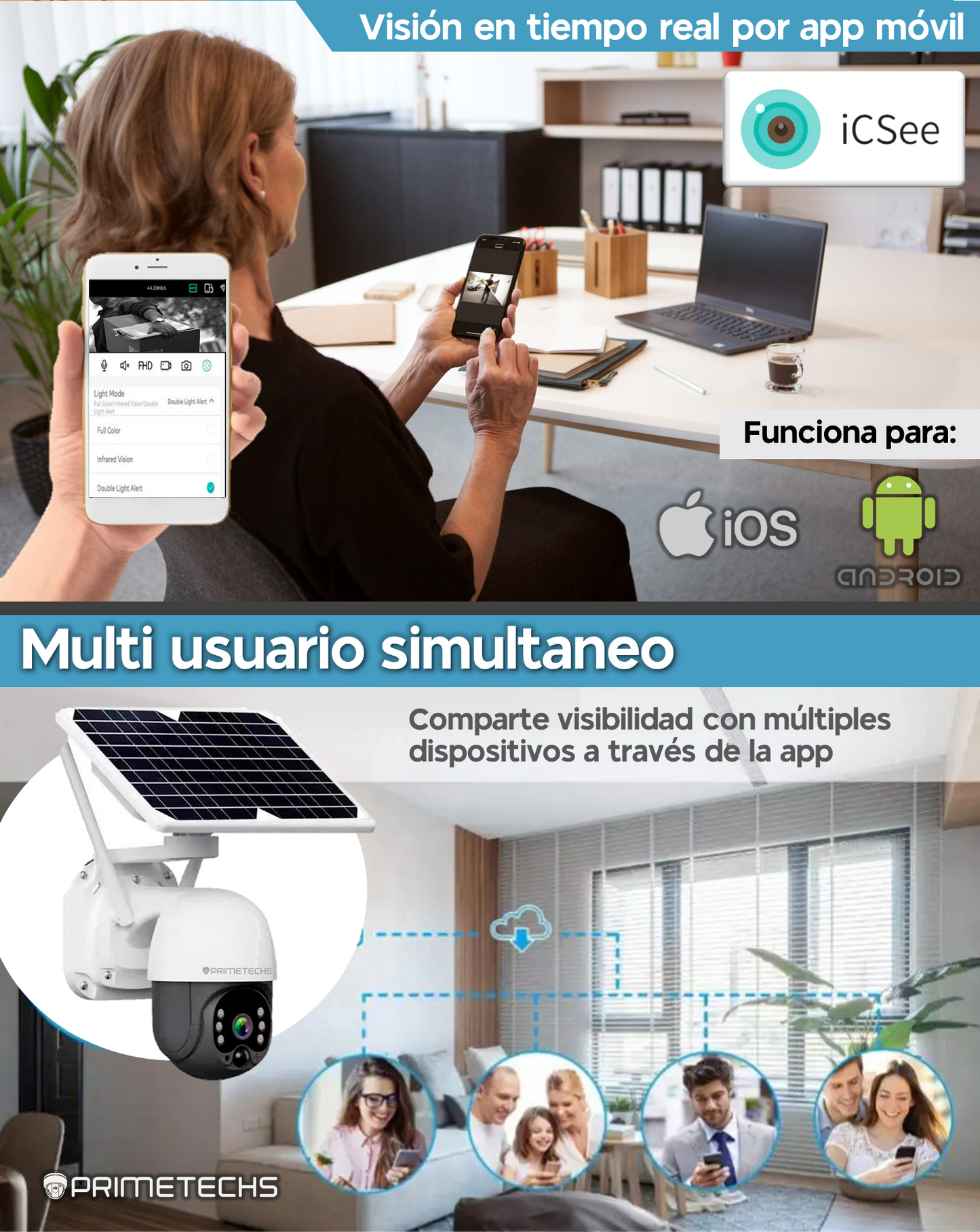 Cámara Solar IP, PT y 4G 4 MP, WiFi, detección y grabación por movimiento, batería de respaldo, alarma, Infrarrojo y full color, Ext, Mov horizontal 355 y vertical 110 grados