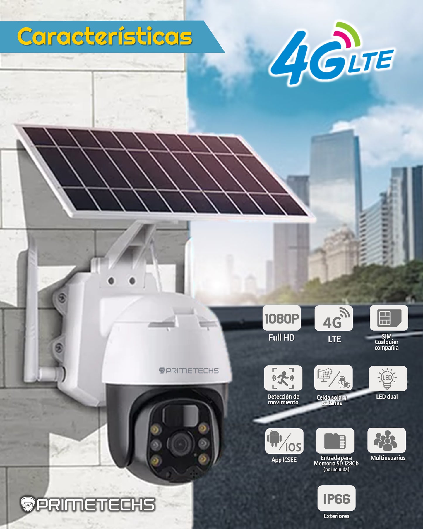 Cámara Solar IP, PT y 4G 4 MP, WiFi, detección y grabación por movimiento, batería de respaldo, alarma, Infrarrojo y full color, Ext, Mov horizontal 355 y vertical 110 grados
