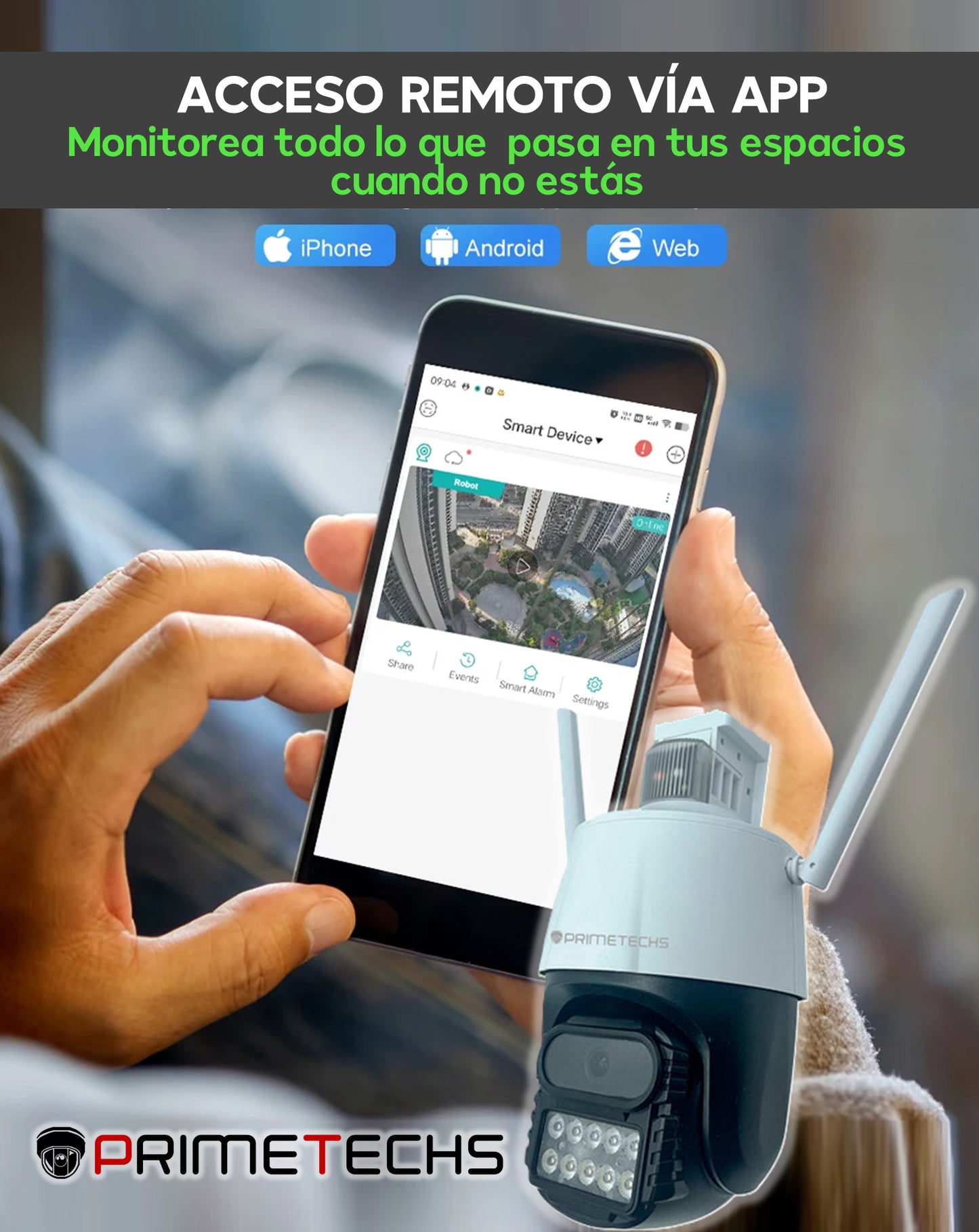 Cámara IP WIFI y Cable RJ45, PT 4MP Alarma y Estrobo, Fullcolor , detección y auto seguimiento humano, audio bidireccional. Inteligencia Artificial y grabación en nube(Opcional)