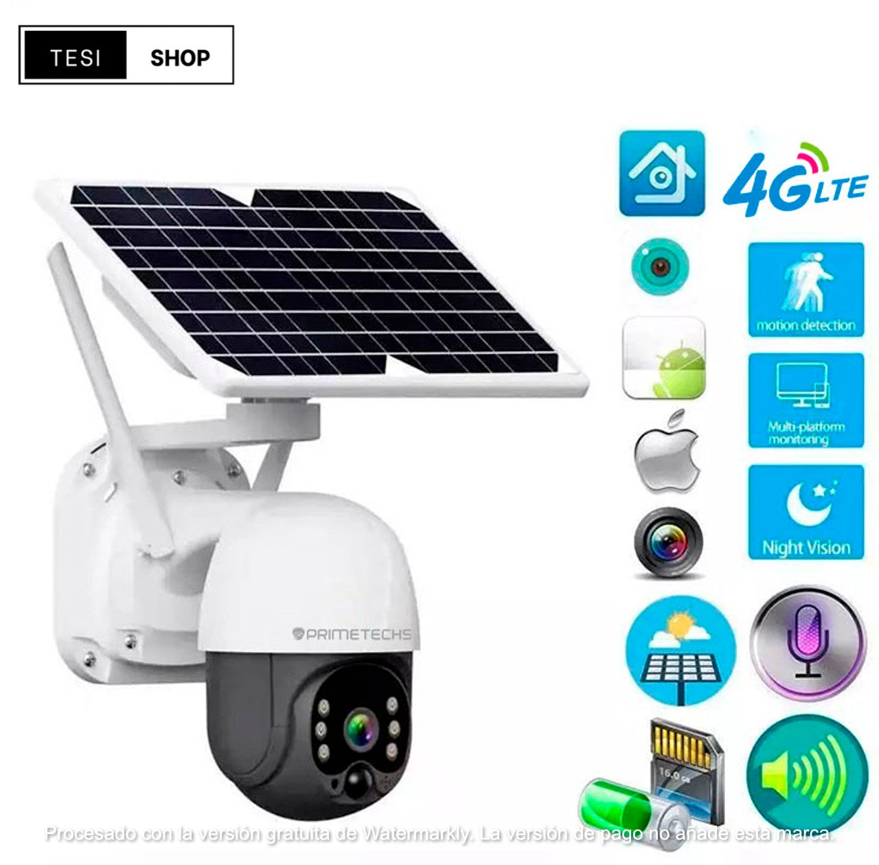 Cámara Solar IP, PT y 4G 4 MP, WiFi, detección y grabación por movimiento, batería de respaldo, alarma, Infrarrojo y full color, Ext, Mov horizontal 355 y vertical 110 grados