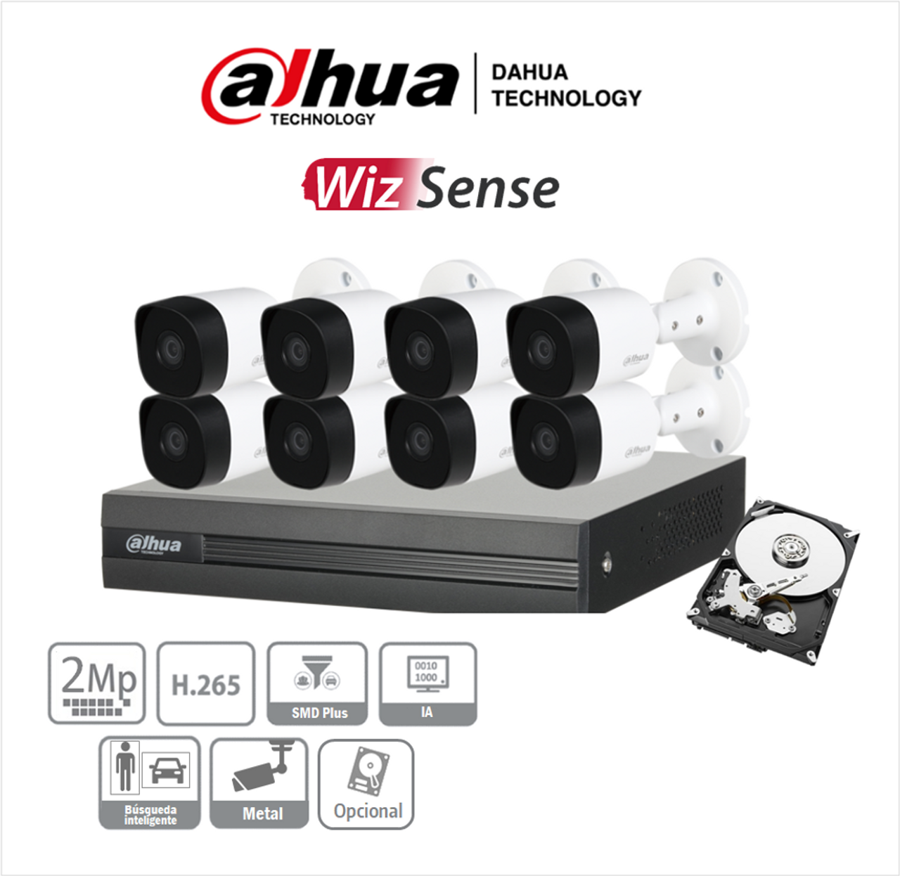 DAHUA KITXVR1B08- I+8-B2A21- Kit 8 Canales 2 Megapixeles/ DVR Cooper-I WizSense