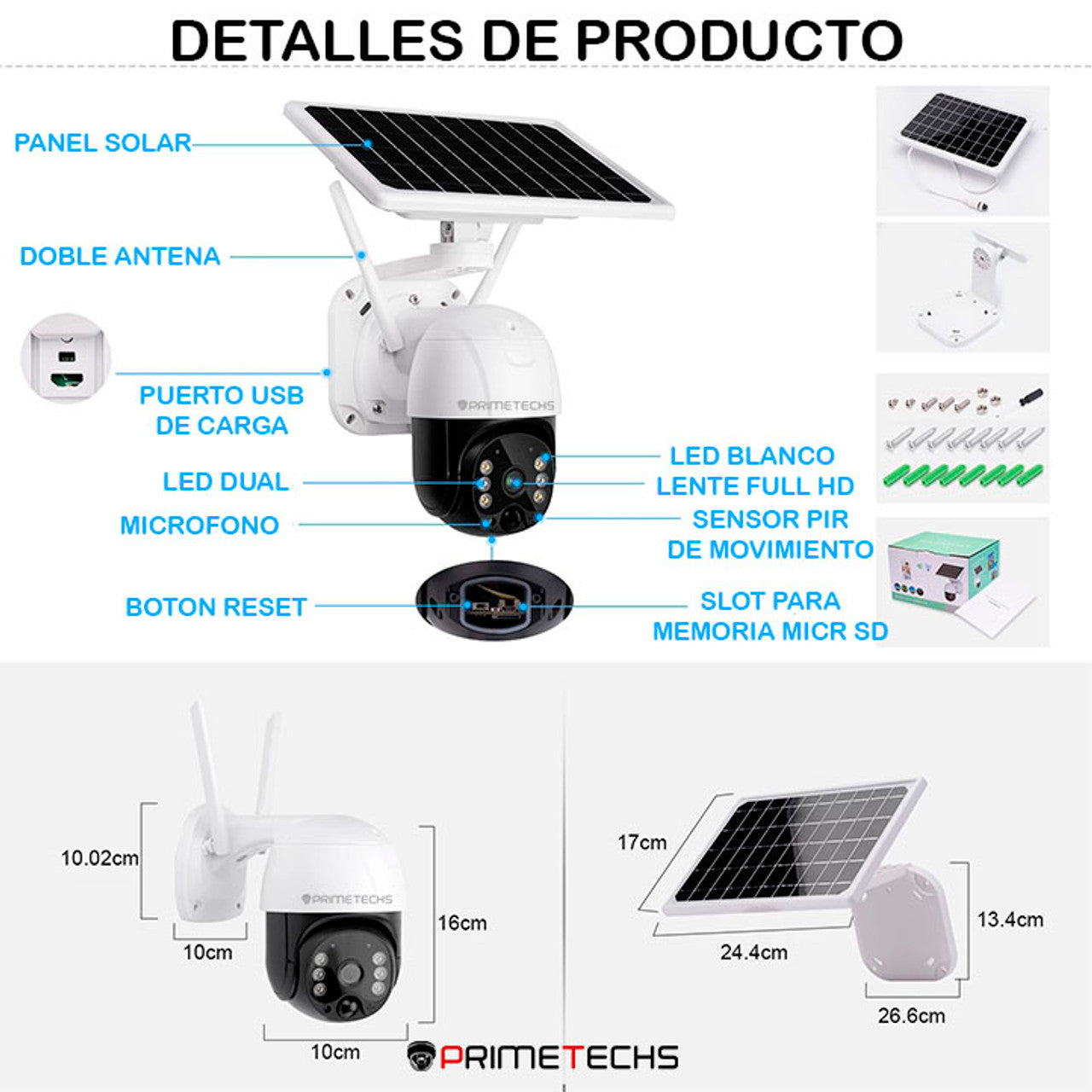 Cámara Solar IP, PT y 4G 4 MP, WiFi, detección y grabación por movimiento, batería de respaldo, alarma, Infrarrojo y full color, Ext, Mov horizontal 355 y vertical 110 grados