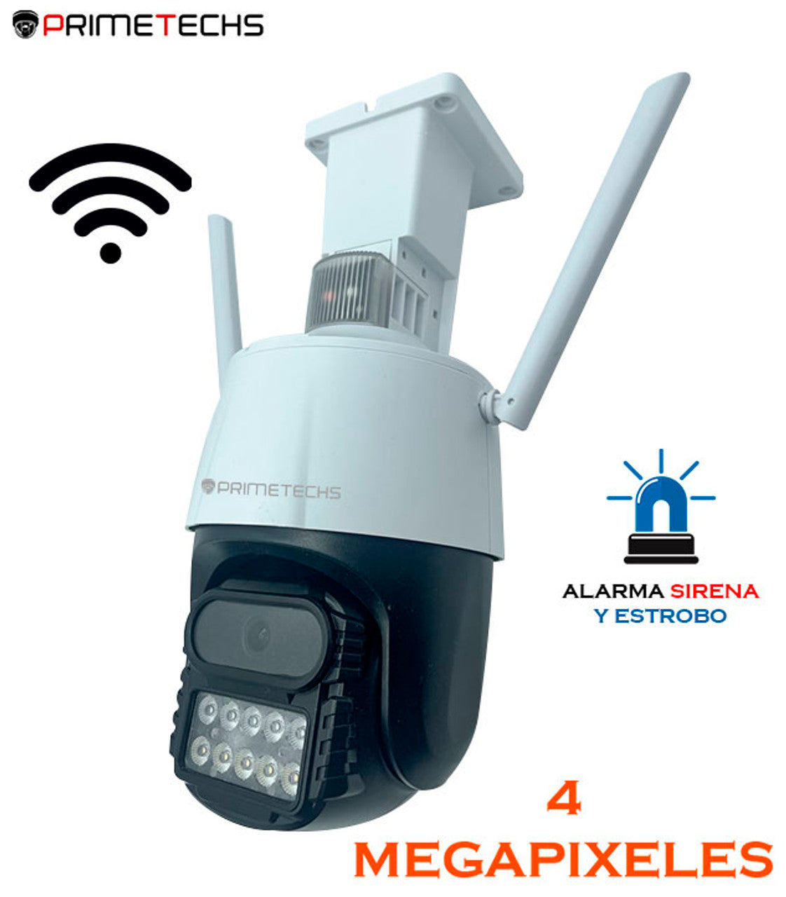Cámara IP WIFI y Cable RJ45, PT 4MP Alarma y Estrobo, Fullcolor , detección y auto seguimiento humano, audio bidireccional. Inteligencia Artificial y grabación en nube(Opcional)