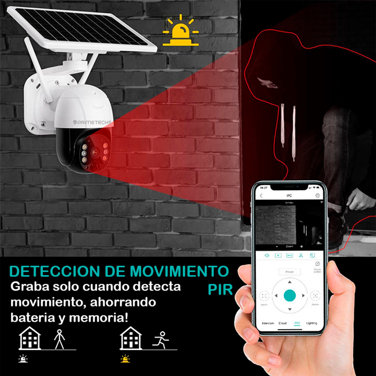 Cámara Solar IP, PT y 4G 4 MP, WiFi, detección y grabación por movimiento, batería de respaldo, alarma, Infrarrojo y full color, Ext, Mov horizontal 355 y vertical 110 grados