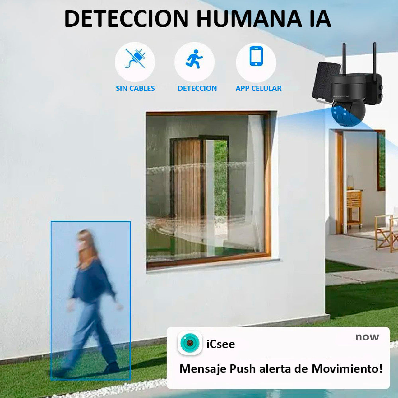 Cámara Solar Autónoma, IP PT 5MP, WiFi y solar, detección y grabación por movimiento, batería de respaldo, alarma, Infrarrojo y Fullcolor