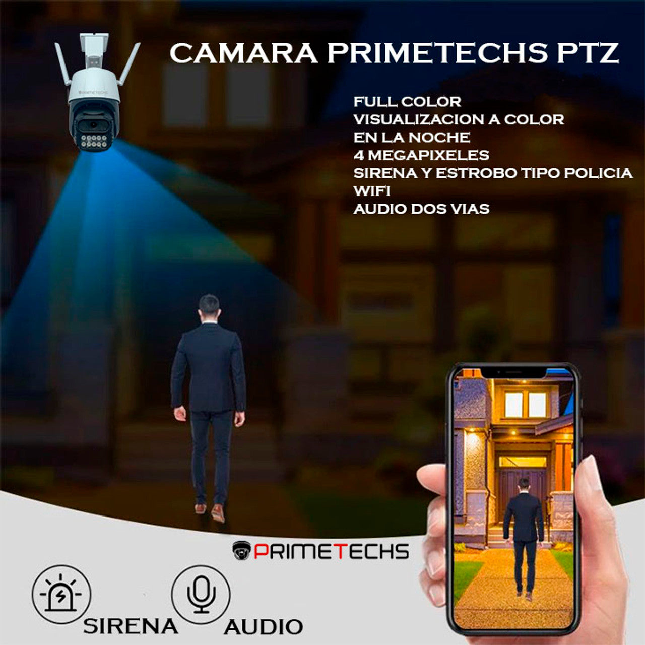 Cámara IP WIFI y Cable RJ45, PT 4MP Alarma y Estrobo, Fullcolor , detección y auto seguimiento humano, audio bidireccional. Inteligencia Artificial y grabación en nube(Opcional)