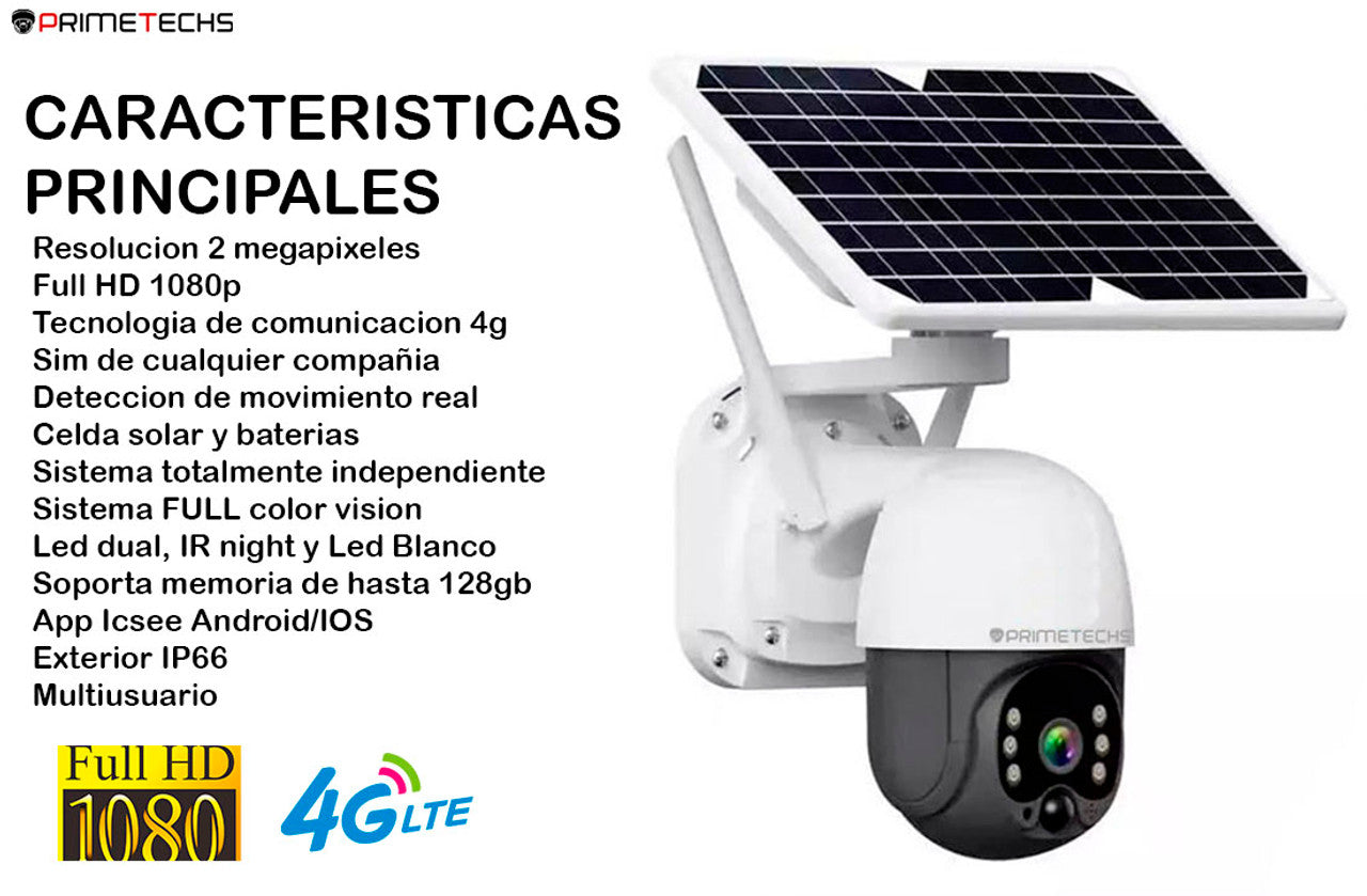 Cámara Solar IP, PT y 4G 4 MP, WiFi, detección y grabación por movimiento, batería de respaldo, alarma, Infrarrojo y full color, Ext, Mov horizontal 355 y vertical 110 grados