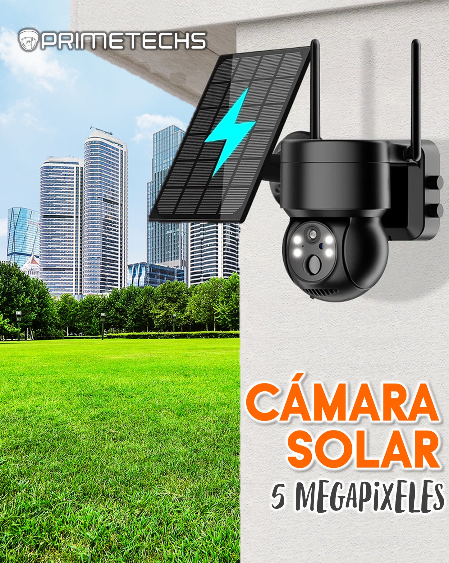Cámara Solar Autónoma, IP PT 5MP, WiFi y solar, detección y grabación por movimiento, batería de respaldo, alarma, Infrarrojo y Fullcolor