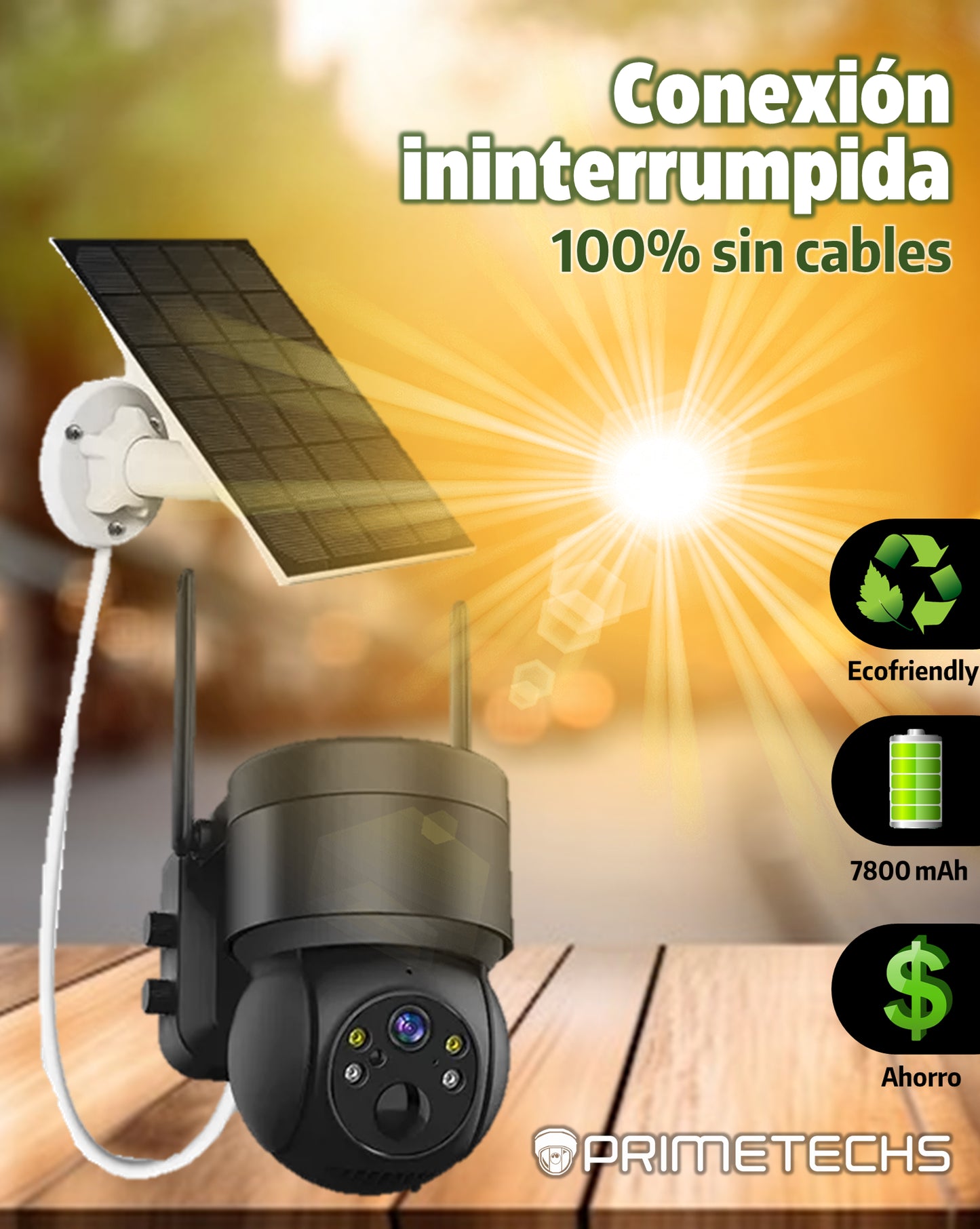 Cámara Solar Autónoma, IP PT 5MP, WiFi y solar, detección y grabación por movimiento, batería de respaldo, alarma, Infrarrojo y Fullcolor