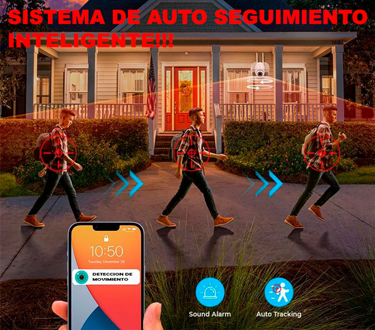 Cámara IP WIFI y Cable RJ45, PT 4MP Alarma y Estrobo, Fullcolor , detección y auto seguimiento humano, audio bidireccional. Inteligencia Artificial y grabación en nube(Opcional)