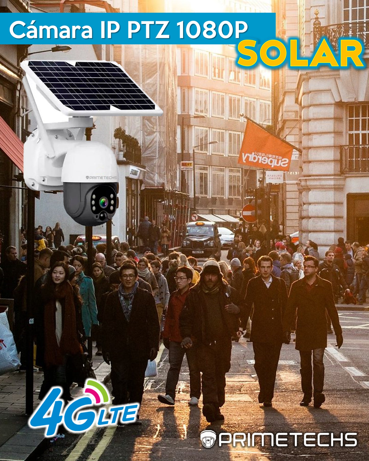 Cámara Solar IP, PT y 4G 4 MP, WiFi, detección y grabación por movimiento, batería de respaldo, alarma, Infrarrojo y full color, Ext, Mov horizontal 355 y vertical 110 grados