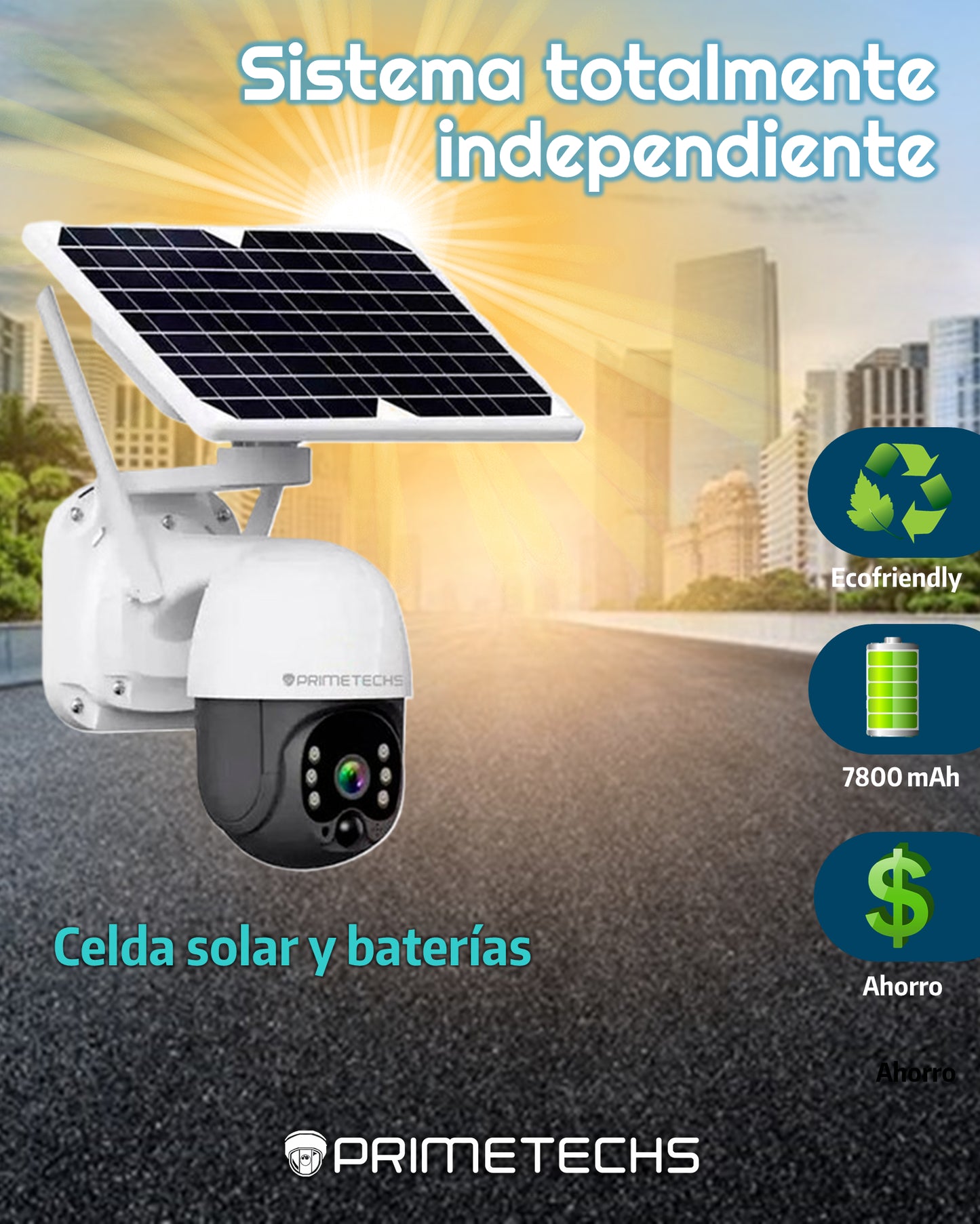 Cámara Solar IP, PT y 4G 4 MP, WiFi, detección y grabación por movimiento, batería de respaldo, alarma, Infrarrojo y full color, Ext, Mov horizontal 355 y vertical 110 grados
