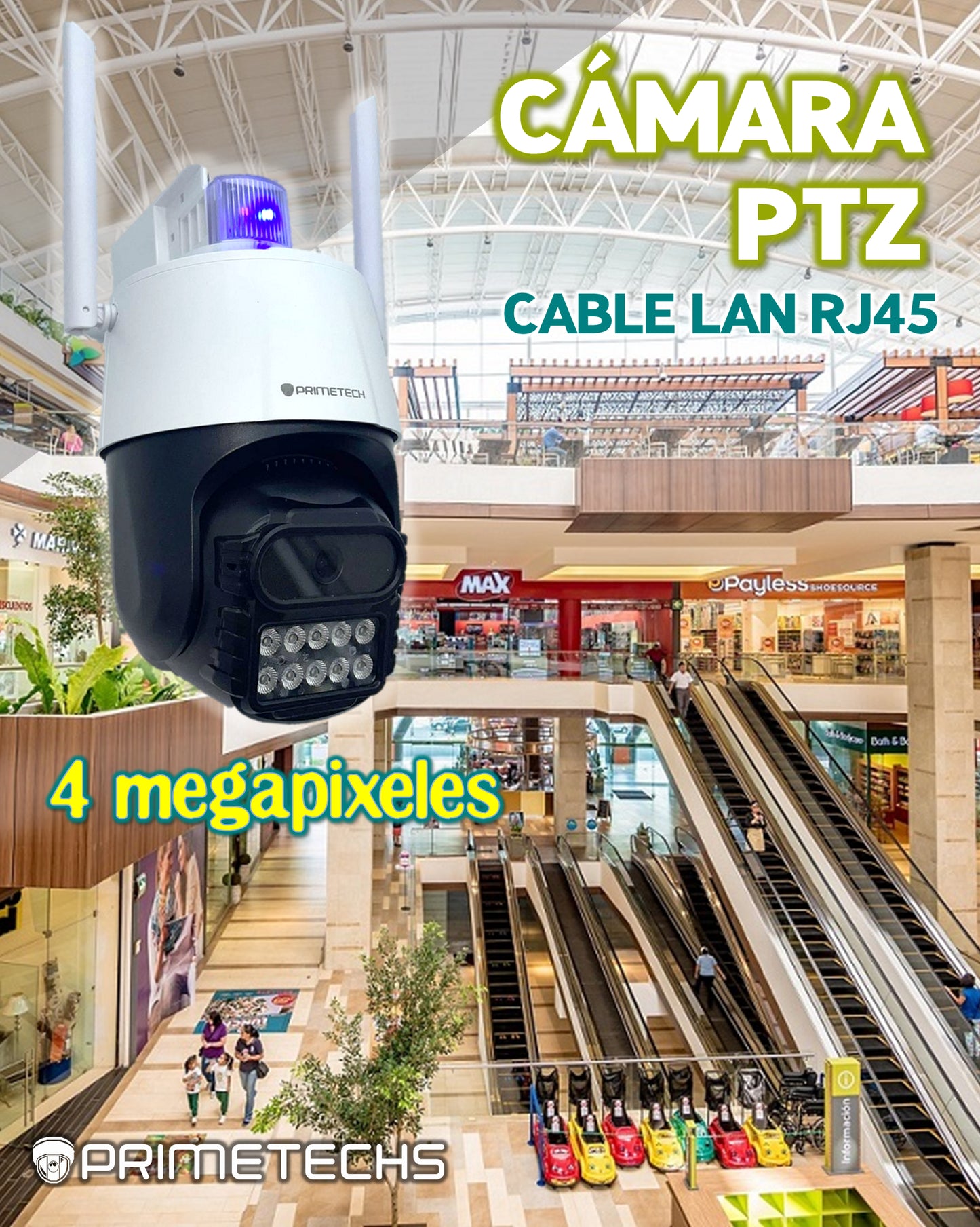 Cámara IP WIFI y Cable RJ45, PT 4MP Alarma y Estrobo, Fullcolor , detección y auto seguimiento humano, audio bidireccional. Inteligencia Artificial y grabación en nube(Opcional)