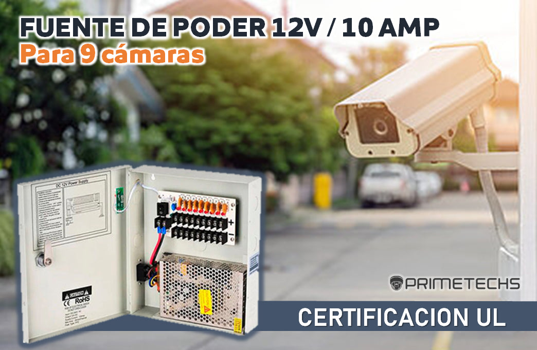 Fuente de poder regulada 12V / 10 Amperes / Distribuidor para 9 cámaras / 1.1 A MP Máximo por canal / CERTIFICACION UL
