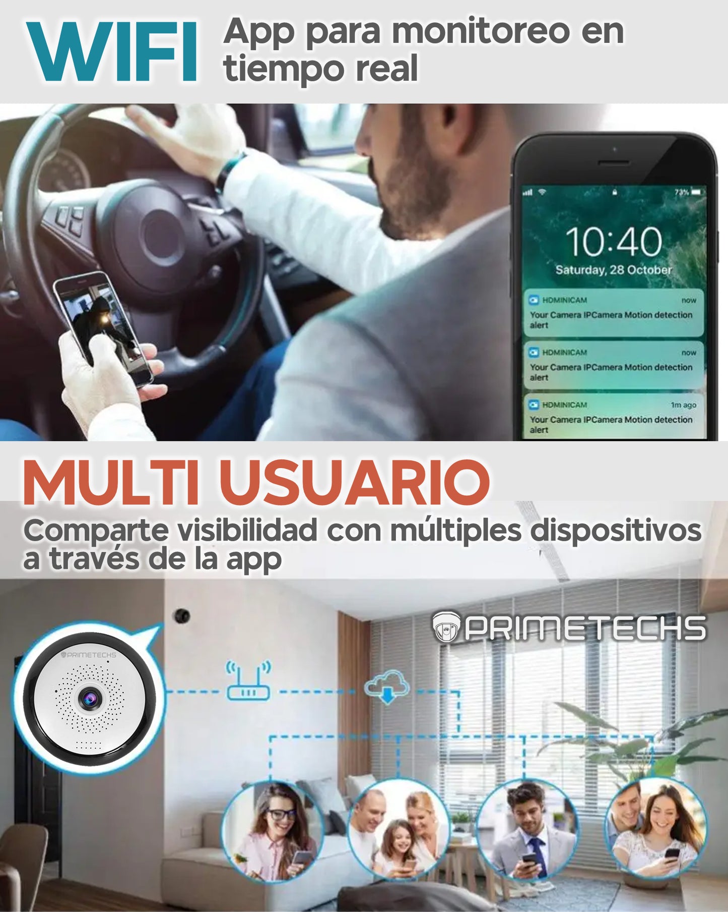 Cámara Fisheye IP WIFI 360°, APP móvil, Detección de movimiento, Audio bidireccional