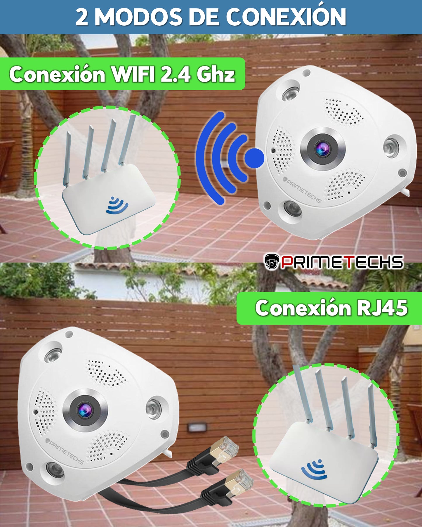 Cámara IP Fisheye 360°, 2MP, WIFI y cable LAN RJ45 .Bocina y micrófono. Infrarrojo 10 ms. Memoria MicroSD de hasta 128 GB (Opcional)