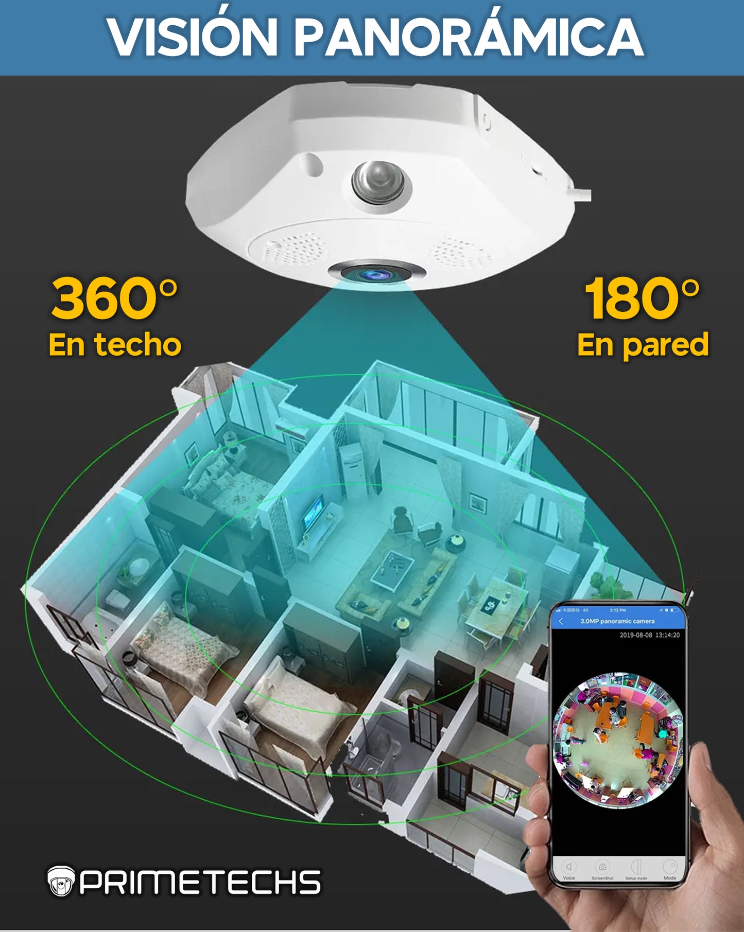 Cámara IP Fisheye 360°, 2MP, WIFI y cable LAN RJ45 .Bocina y micrófono. Infrarrojo 10 ms. Memoria MicroSD de hasta 128 GB (Opcional)
