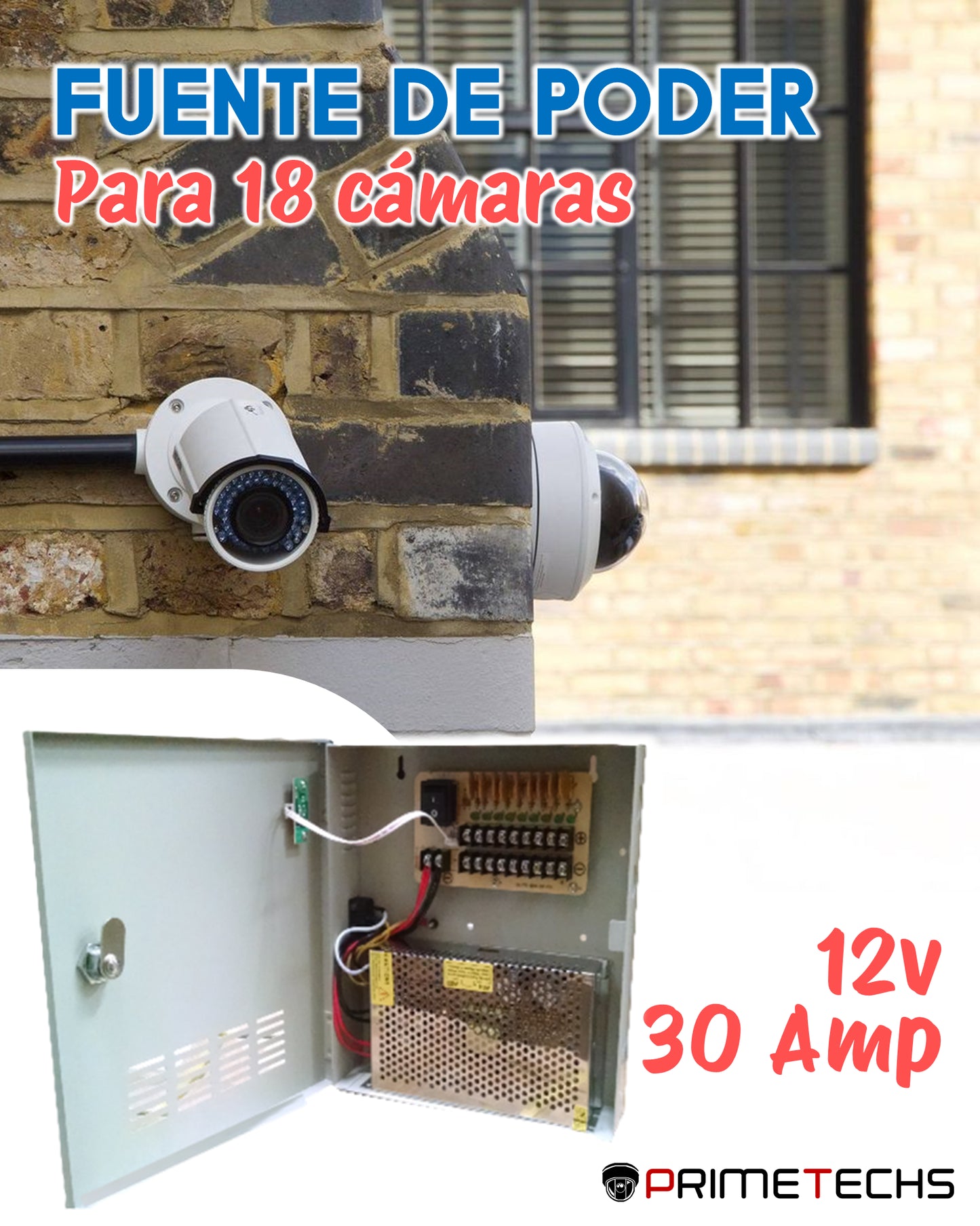 Fuente de poder 12V CD / 30 Amp / Distribuidor para 18 cámaras / 1.65 Amp por canal / Ce / FCC / Económica