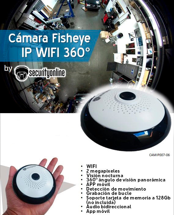 Cámara Fisheye IP WIFI 360°, APP móvil, Detección de movimiento, Audio bidireccional