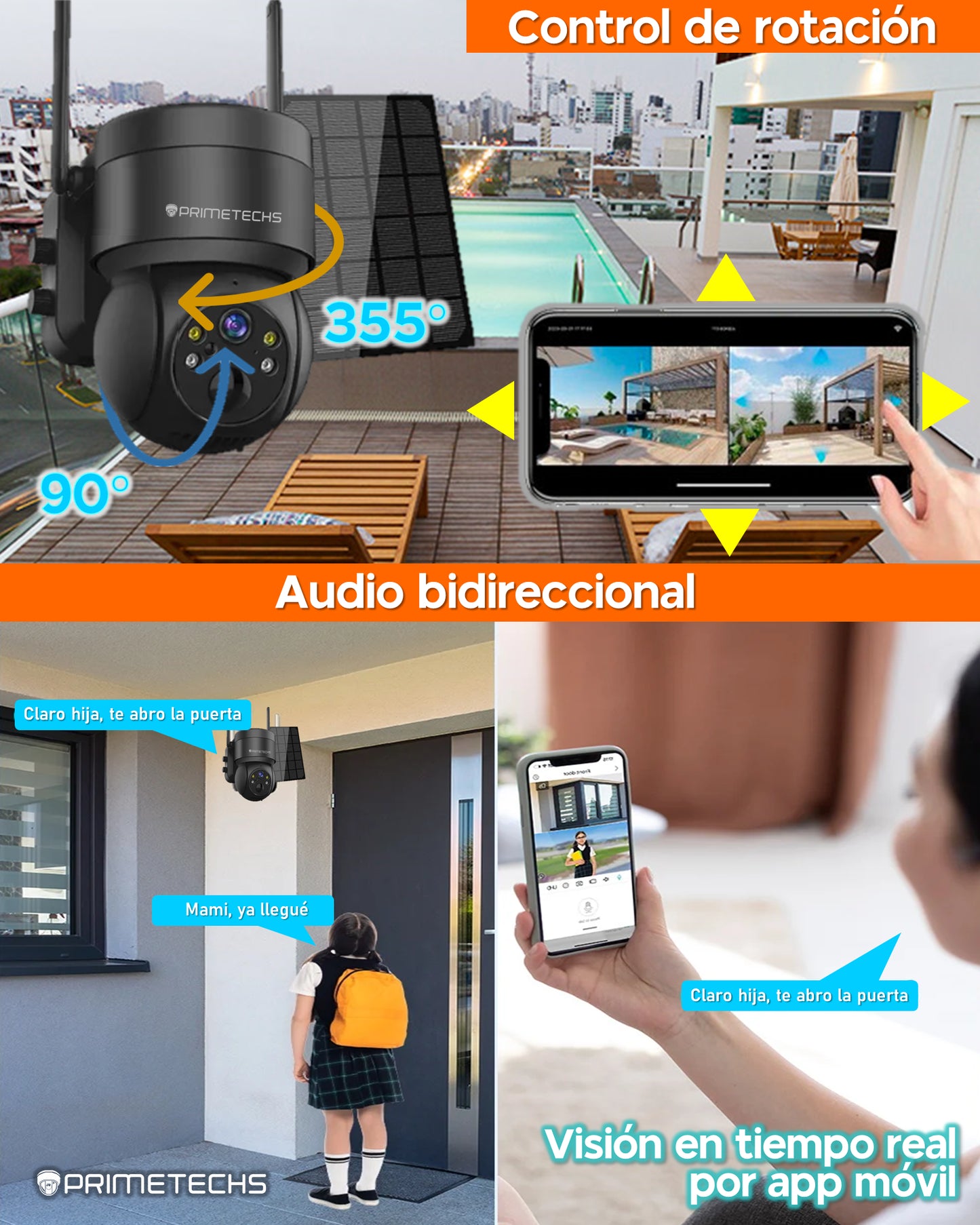 Cámara Solar Autónoma, IP PT 5MP, WiFi y solar, detección y grabación por movimiento, batería de respaldo, alarma, Infrarrojo y Fullcolor