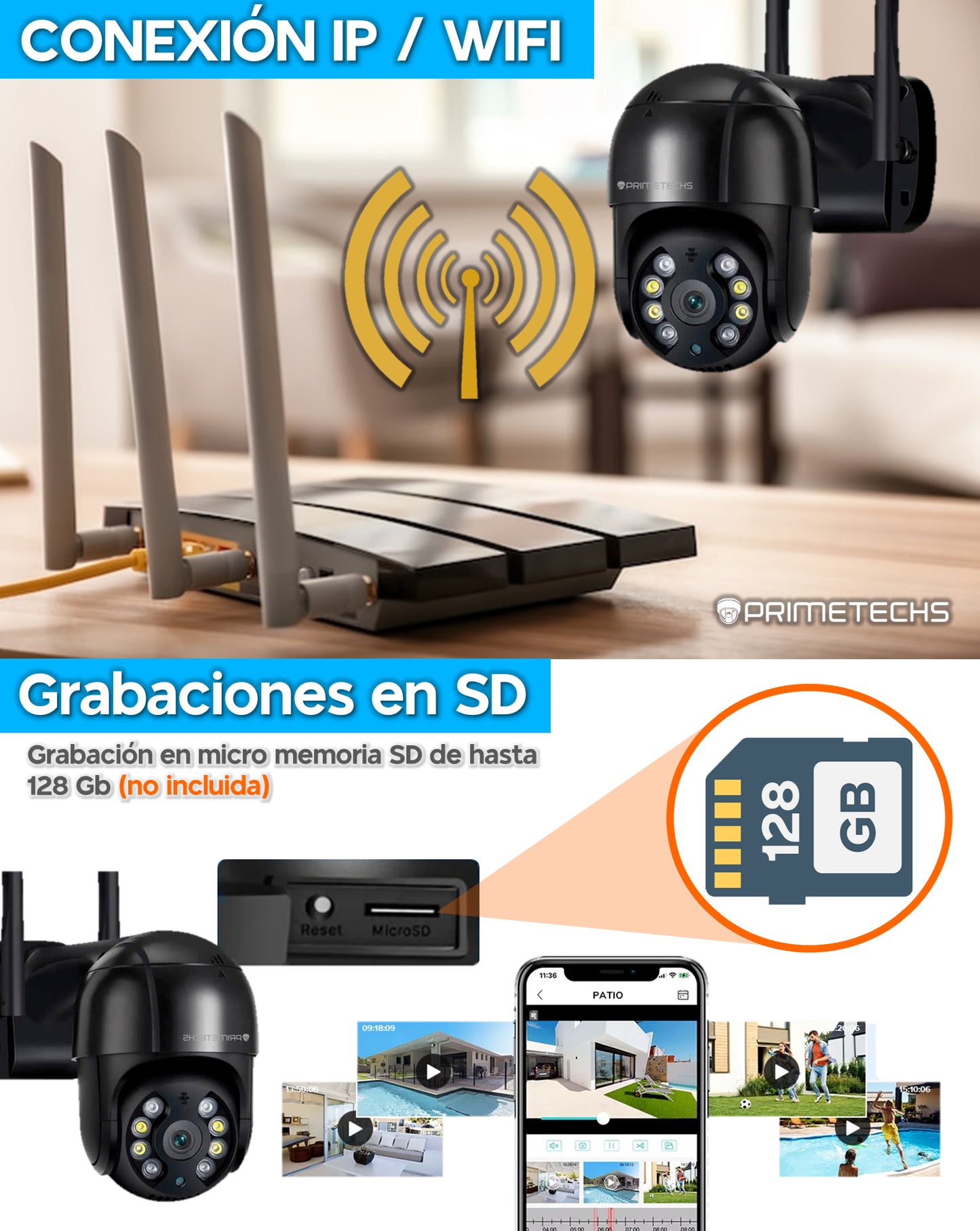 Cámara IP PT WIFI y Cable RJ45 LAN, 8MP, 4k, detección y seguimiento humano, Inteligencia Artificial y grabación en nube(Opcional)