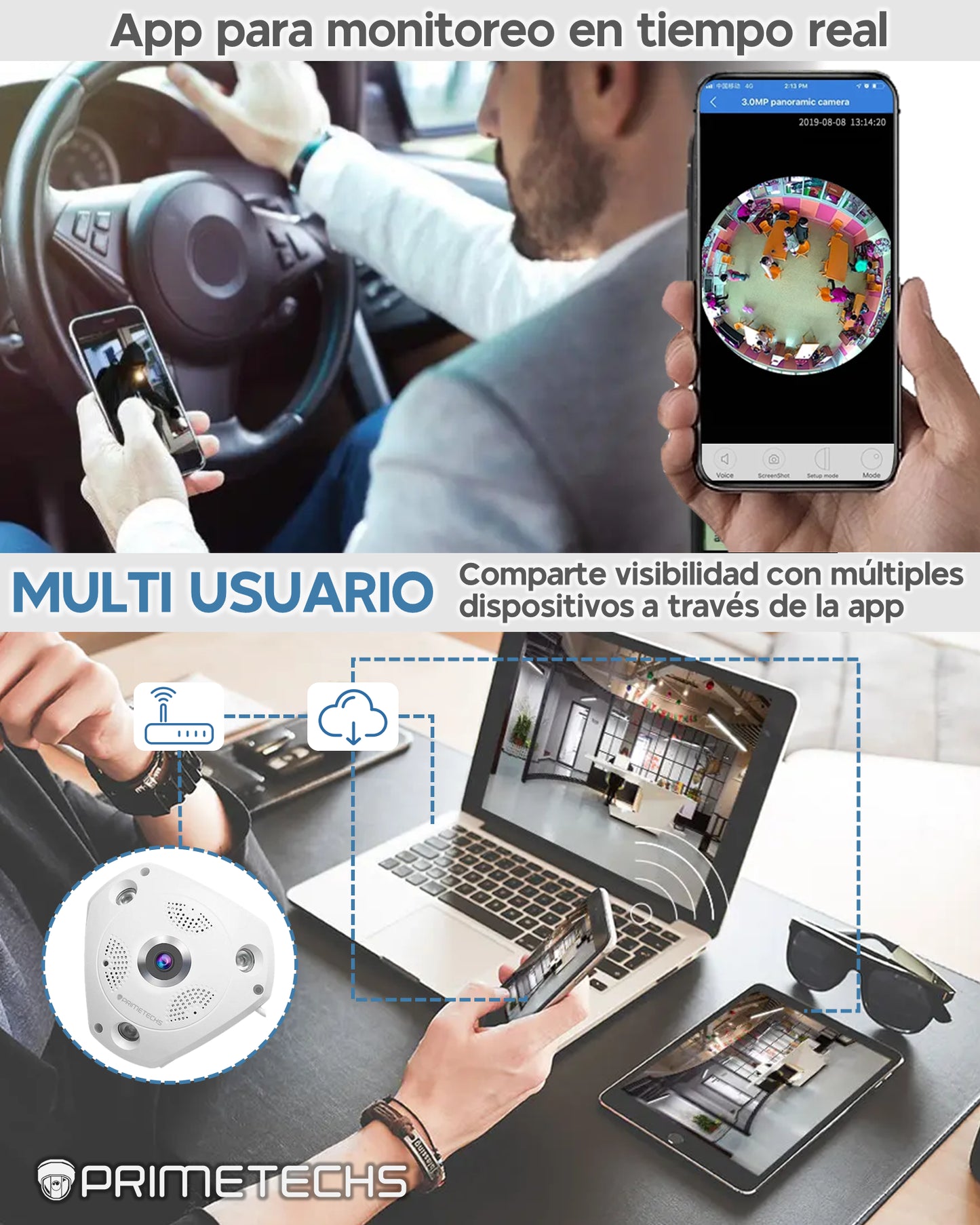 Cámara IP Fisheye 360°, 2MP, WIFI y cable LAN RJ45 .Bocina y micrófono. Infrarrojo 10 ms. Memoria MicroSD de hasta 128 GB (Opcional)