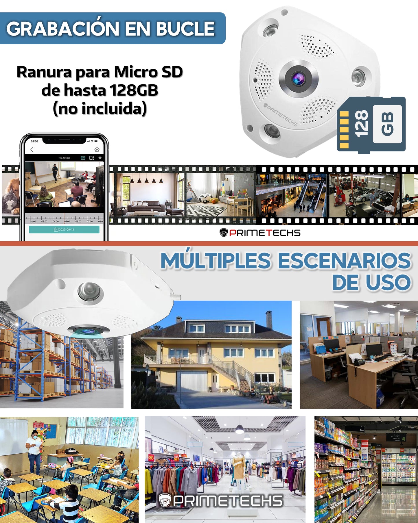 Cámara IP Fisheye 360°, 2MP, WIFI y cable LAN RJ45 .Bocina y micrófono. Infrarrojo 10 ms. Memoria MicroSD de hasta 128 GB (Opcional)