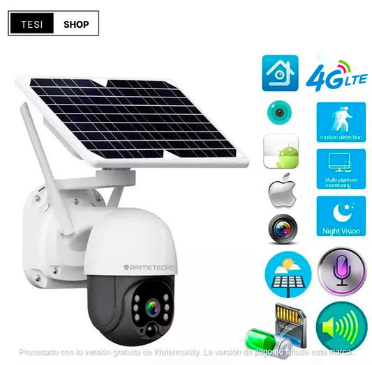 Cámara Solar IP, PT y 4G 4 MP, WiFi, detección y grabación por movimiento, batería de respaldo, alarma, Infrarrojo y full color, Ext, Mov horizontal 355 y vertical 110 grados