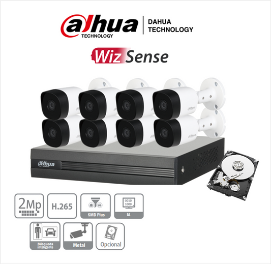 DAHUA KITXVR1B08- I+8-B2A21- Kit 8 Canales 2 Megapixeles/ DVR Cooper-I WizSense
