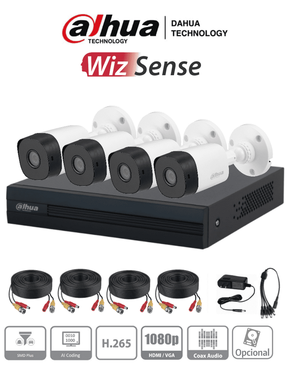 DAHUA KITXVR1B04-I+4B1A21 - Kit 4 Canales 2 Megapíxeles