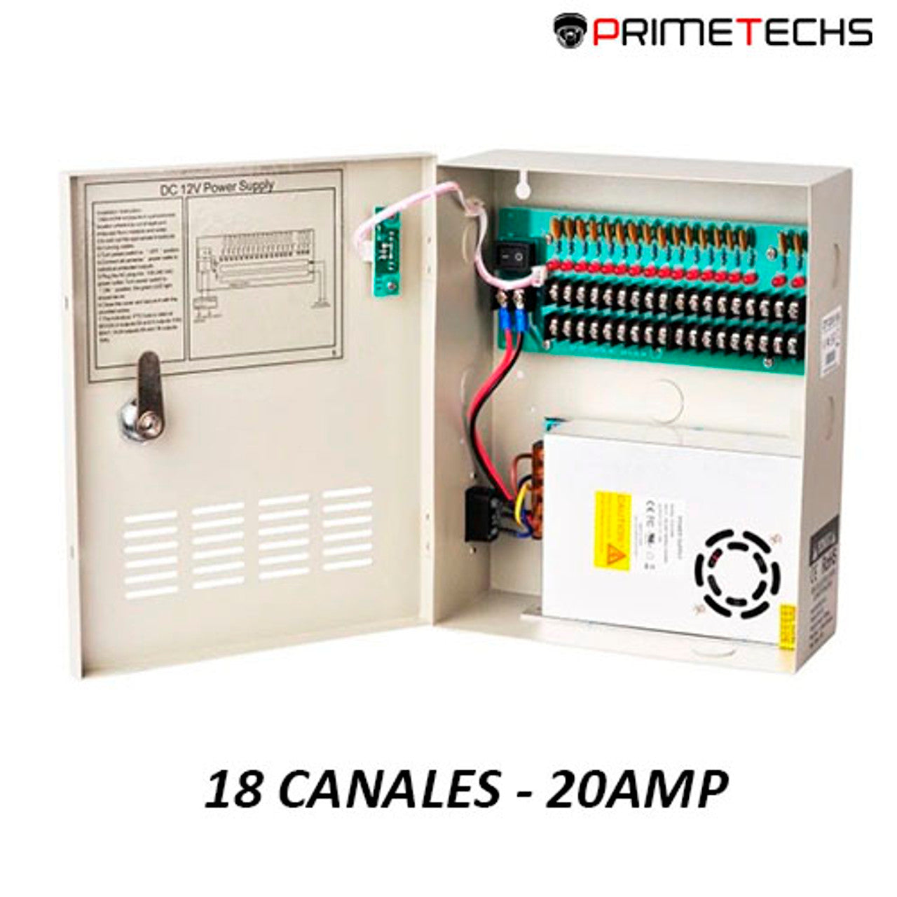 Fuente de poder regulada 12V / 20 Amperes / Distribuidor para 18 cámaras / 1.1 AMP Máximo por canal / CERTIFICACIÓN UL