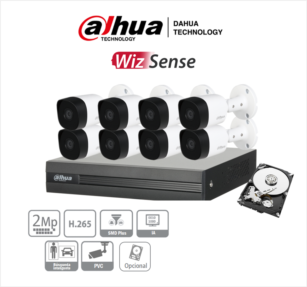 DAHUA KITXVR1B08- I+8-B1A21- Kit 8 Canales 2 MP/ DVR Cooper-I WizSense