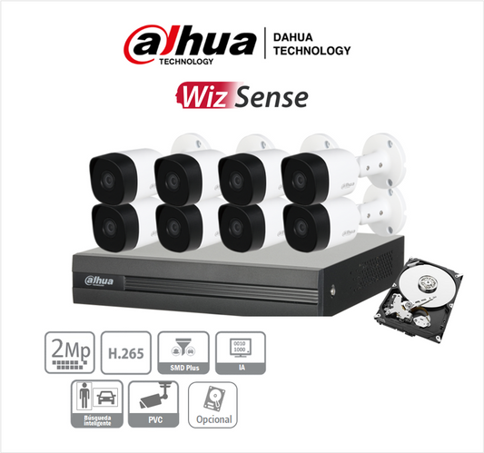 DAHUA KITXVR1B08- I+8-B1A21- Kit 8 Canales 2 MP/ DVR Cooper-I WizSense