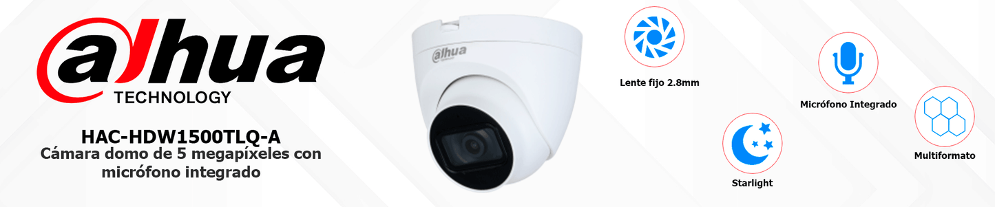 DAHUA HAC-HDW1500TLQ-A - Cámara Domo de 5 Megapixeles/ Micrófono Integrado