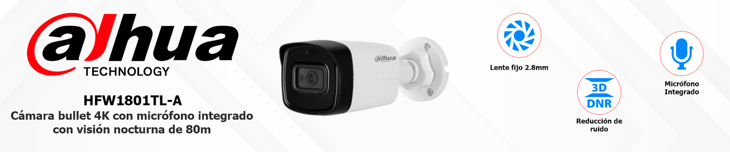 DAHUA HFW1801TL-A - Cámara Bullet 4K con Micrófono Integrado/ 8 Mp
