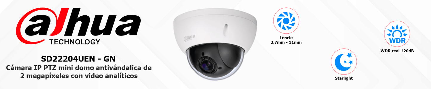 AHUA SD22204UEN - GN - Cámara IP PTZ Mini Domo Antivandálica de 2 MP