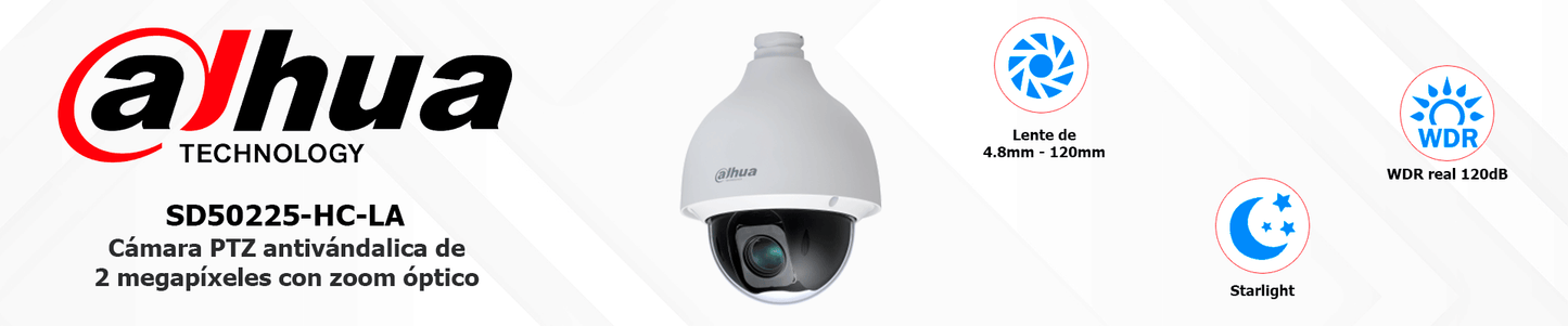 DAHUA SD50225-HC-LA - Cámara PTZ Antivandálica de 2 MP, 25X