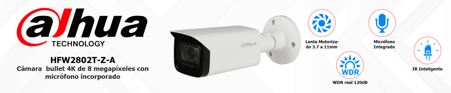 DAHUA HFW2802T-Z-A - Cámara Bullet 4k Starlight, 8 MP, Lente Motorizado