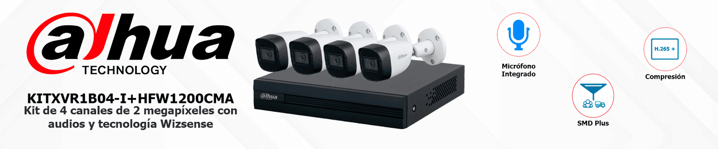 DAHUA KITXVR1B04-I+HFW1200CMA- Kit de 4 Canales de 2 Megapixeles con Audio