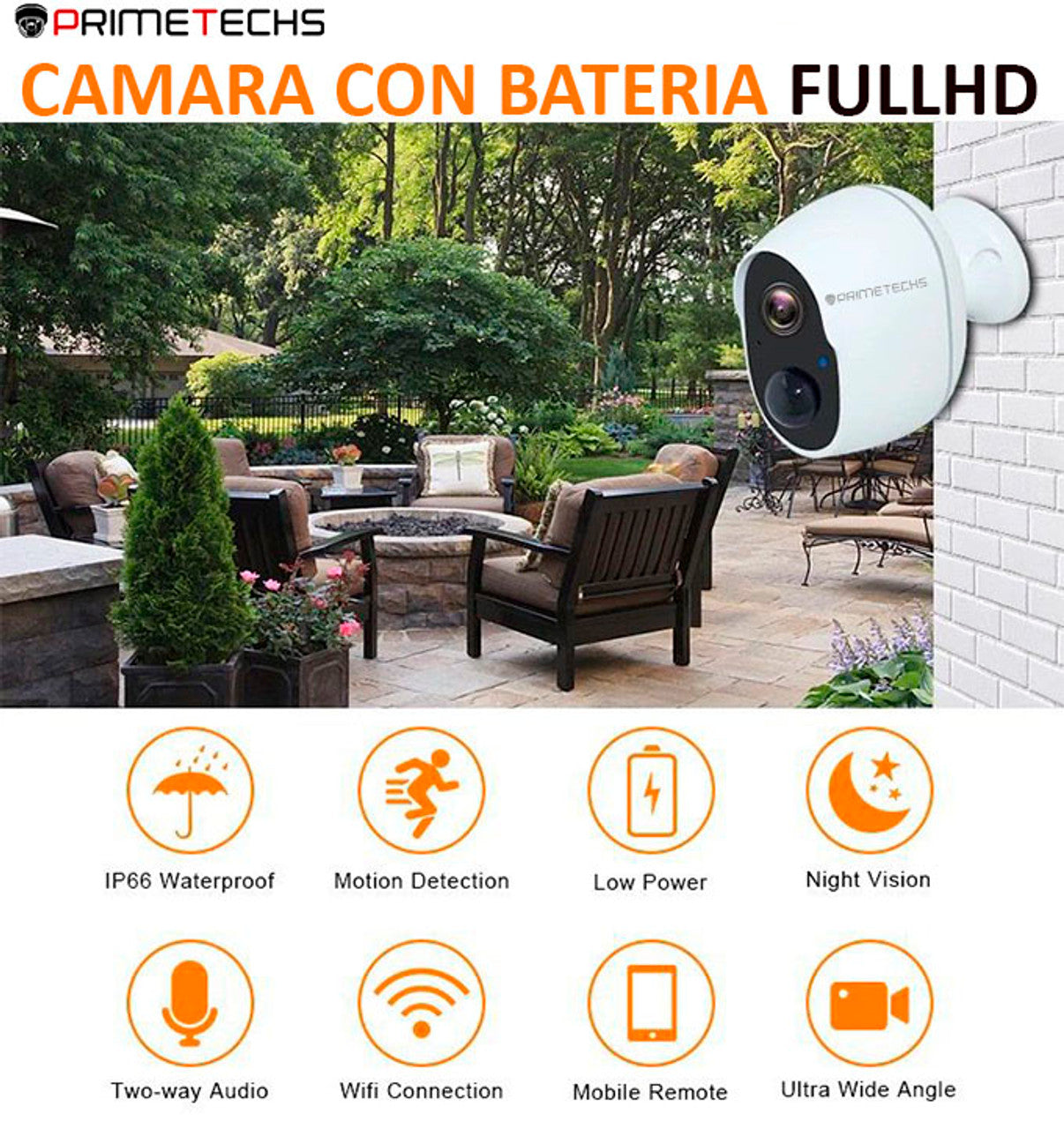 Cámara IP WIFI 2 mp Sensor Pir, batería larga duración(opcional con panel solar para carga de batería)