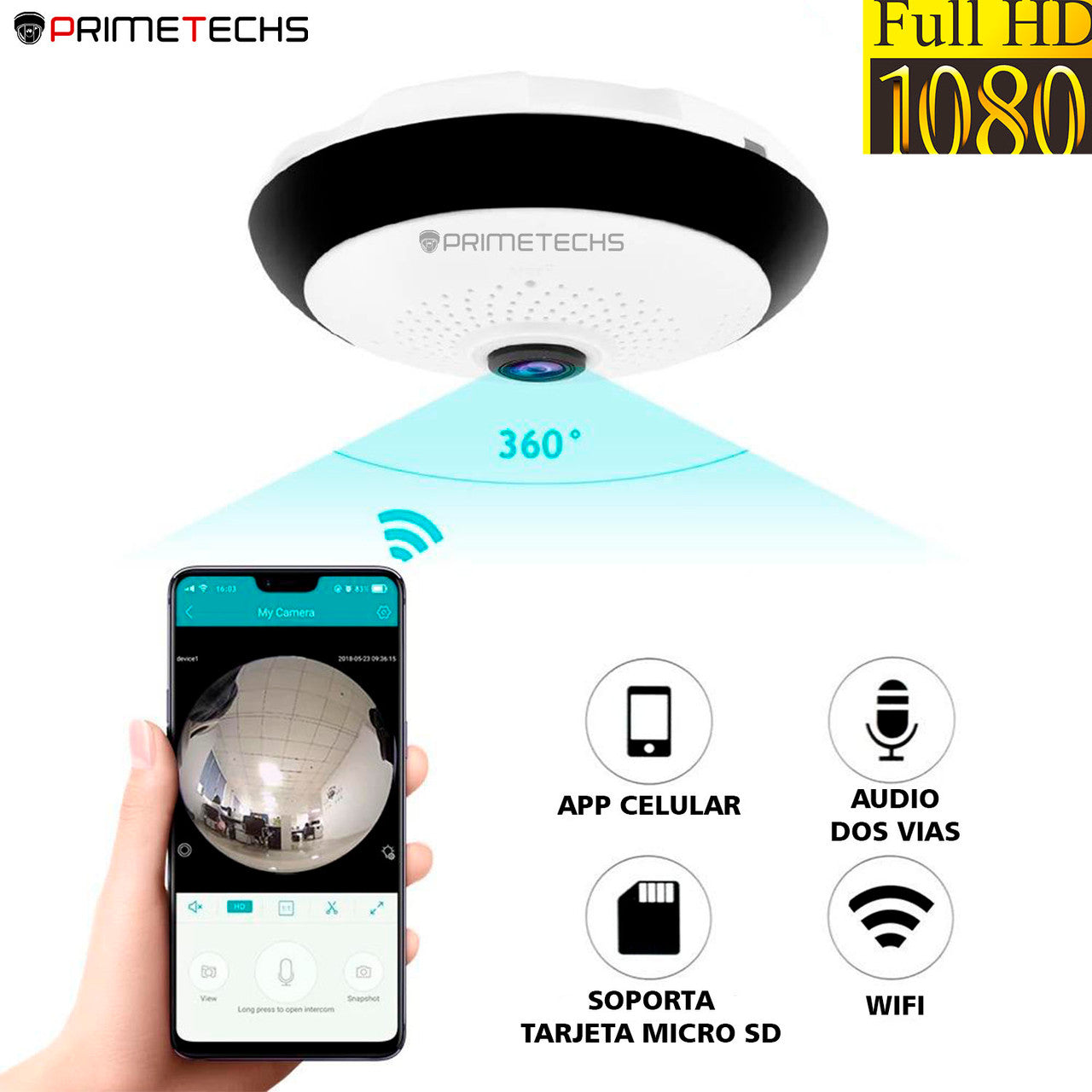 Cámara Fisheye IP WIFI 360°, APP móvil, Detección de movimiento, Audio bidireccional
