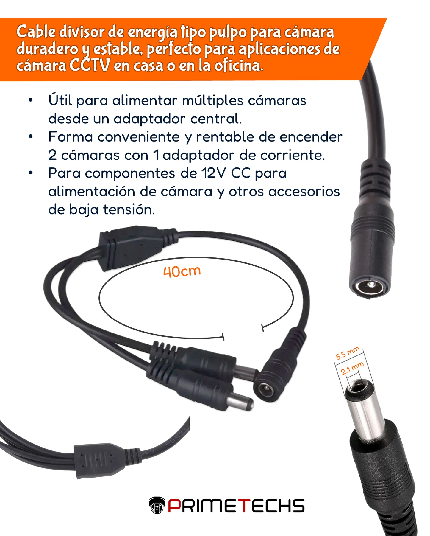 Divisor de energía / Tipo pulpo / 2 Conectores macho / 2.1 mm / 1 Conector hembra