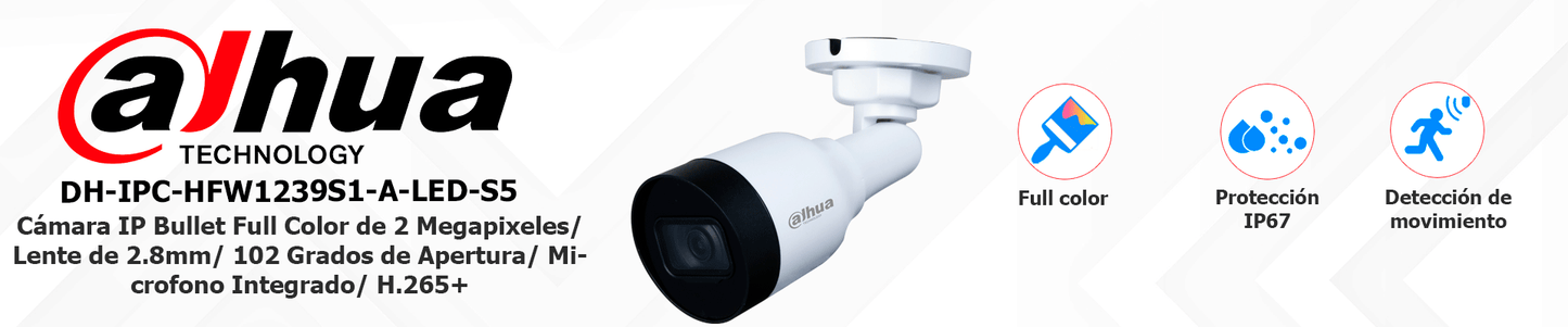 AHUA IPC-HFW1239S1-A-LED-S5 - Cámara IP Bullet Full Color de 2 Mp