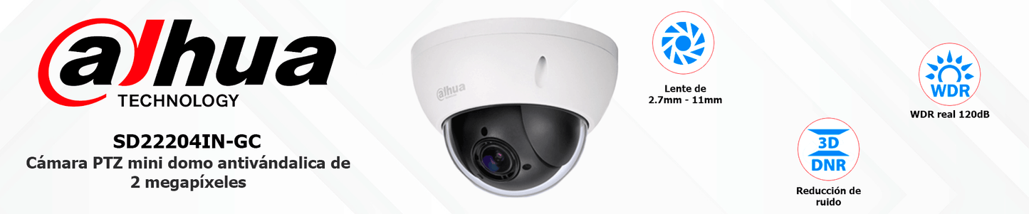 DAHUA SD22204IGC - Cámara mini PTZ de 2 MP HDCVI 4X Zoom óptico