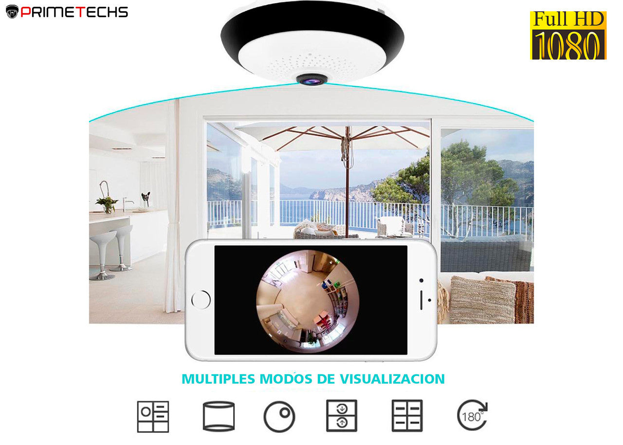 Cámara Fisheye IP WIFI 360°, APP móvil, Detección de movimiento, Audio bidireccional