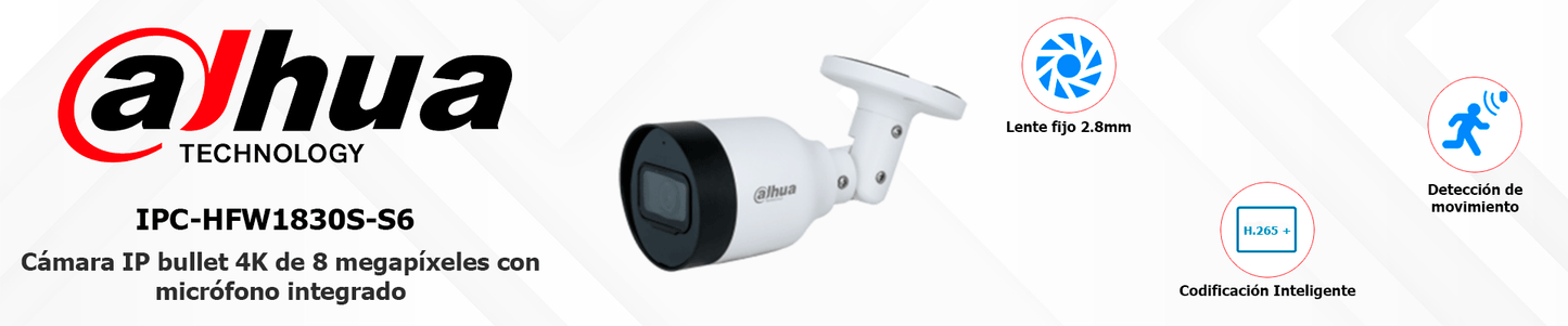 DAHUA IPC-HFW1830S-S6 - Cámara IP Bullet 4k 8 MP